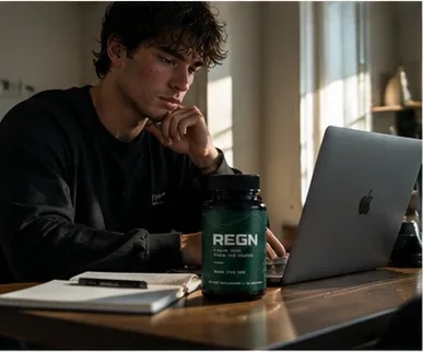 Man working at a laptop with REGN on the desk