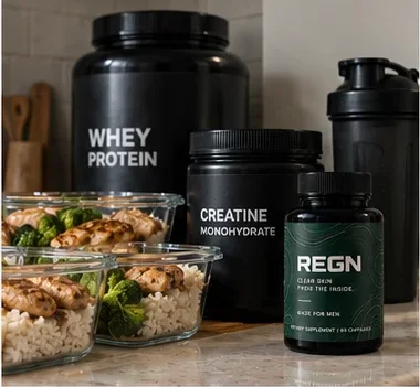 REGN beside whey protein, creatine and meal-prep boxes